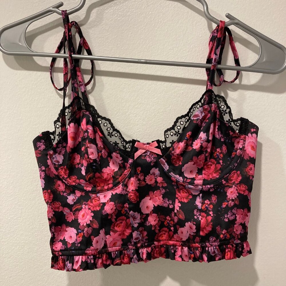 For Love & Lemons Black & Pink Floral Lace Bustier Cami Crop Top - Picture 3 of 5